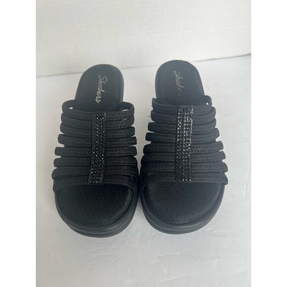 Skechers Rumblers Hotshot Black Rhinestone Wedge Slide Strappy Comfort Sandals 9 - Picture 6 of 14